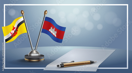 Brunei and Cambodia National flags on small table with bokeh background, cooperative relationship