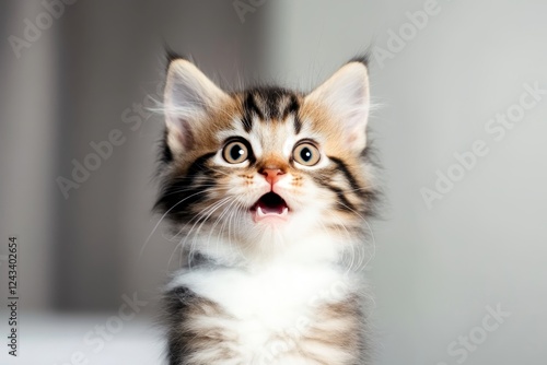 Cute fluffy kitten looking surprised with wide-open eyes in a cozy indoor setting during the afternoon