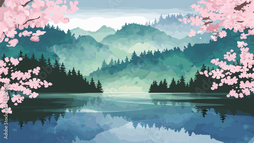 Misty Mountains with Cherry Blossoms Lake Reflection