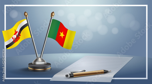 Brunei and Cameroon National flags on small table with bokeh background, cooperative relationship