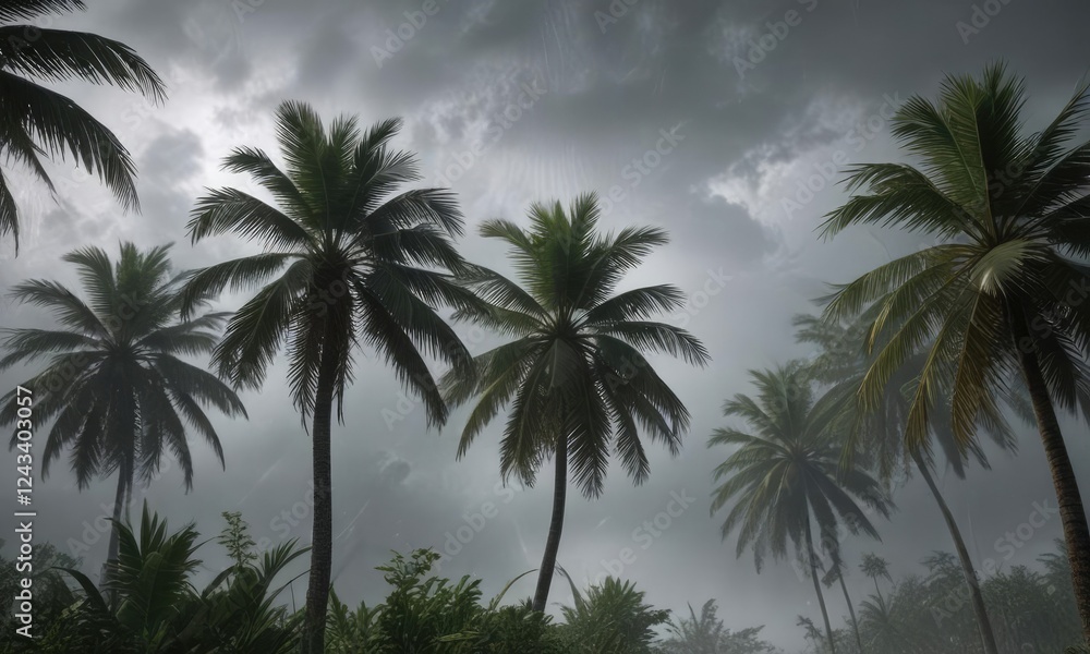 Swaying palms in a tempestuous tropical storm, tropical storm, palm fronds blowing , turbulent skies Swaying palms in a tempestuous tropical storm, tropical storm, palm fronds blowing , turbulent skies