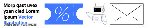 Percentage coupon, chatbot robot, and email envelope showcasing discount offers, AI automation, and messaging. Ideal for marketing, AI, customer service, deals communication tech online services