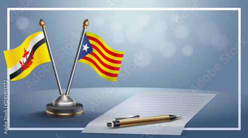 Brunei and Catalonia National flags on small table with bokeh background, cooperative relationship