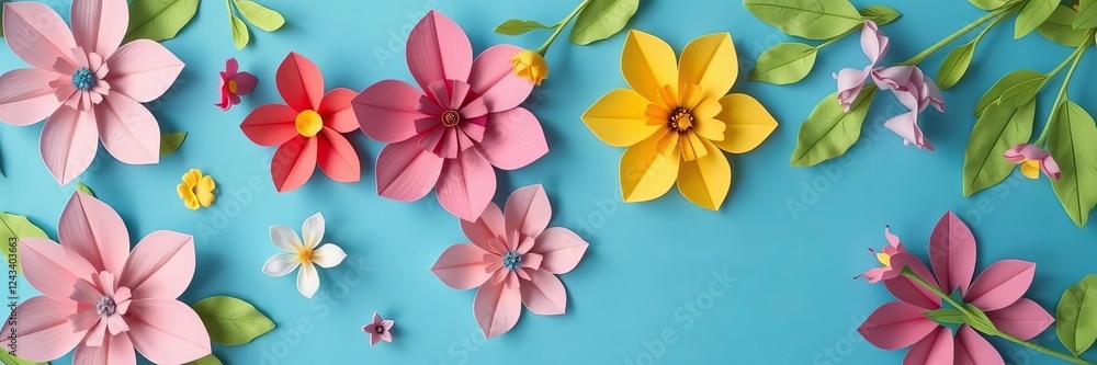 Obraz premium Colorful paper cut flowers with green leaves on blue background, ideal for spring or summer designs, paper flowers, design, blue background