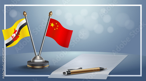 Brunei and China National flags on small table with bokeh background, cooperative relationship