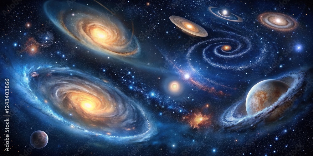 Obraz premium Cosmic Wonders A Celestial Tapestry of Galaxies, Nebulae, and Planets in the Vast Expanse of Space