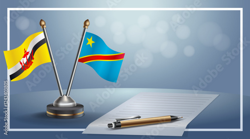 Brunei and Congo National flags on small table with bokeh background, cooperative relationship