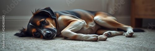 Contented dog lounging on a soft, fluffy carpet with closed eyes and a relaxed posture, tranquility, lounging, contented