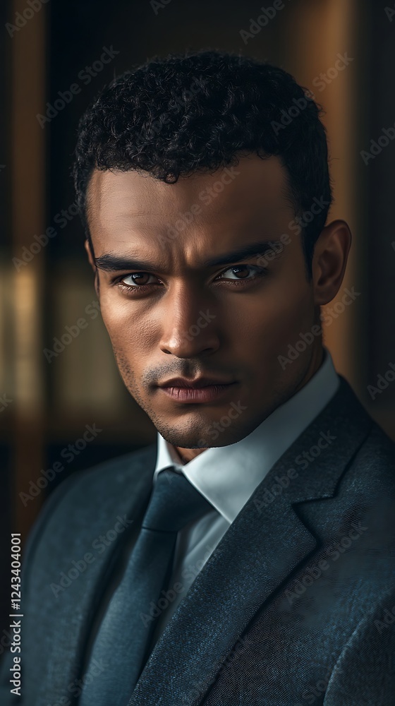 Serious male figure in formal attire with blurred background Serious male figure in formal attire with blurred background