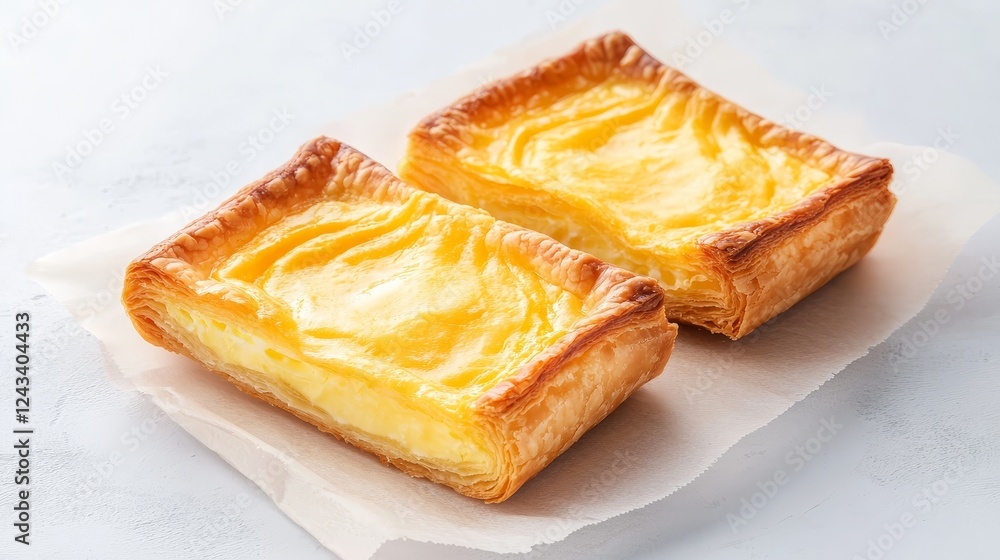 Delicious Pastry Squares - Two golden-brown pastry squares filled with creamy custard, displayed on parchment paper. Delicious Pastry Squares - Two golden-brown pastry squares filled with creamy custard, displayed on parchment paper.