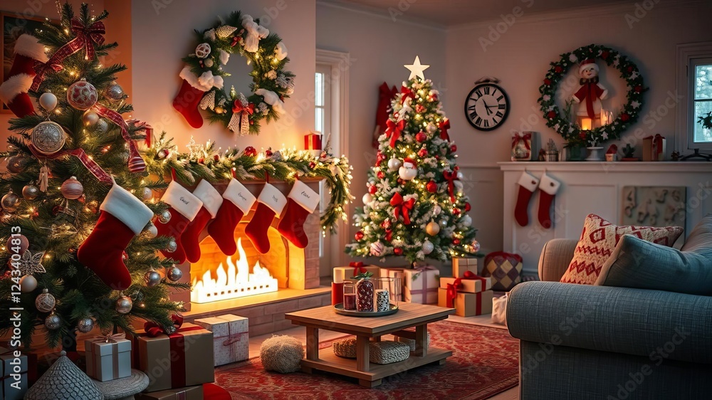 Fototapeta premium Cozy Christmas living room with fireplace, tree, presents, and stockings, holiday, decorations, stockings