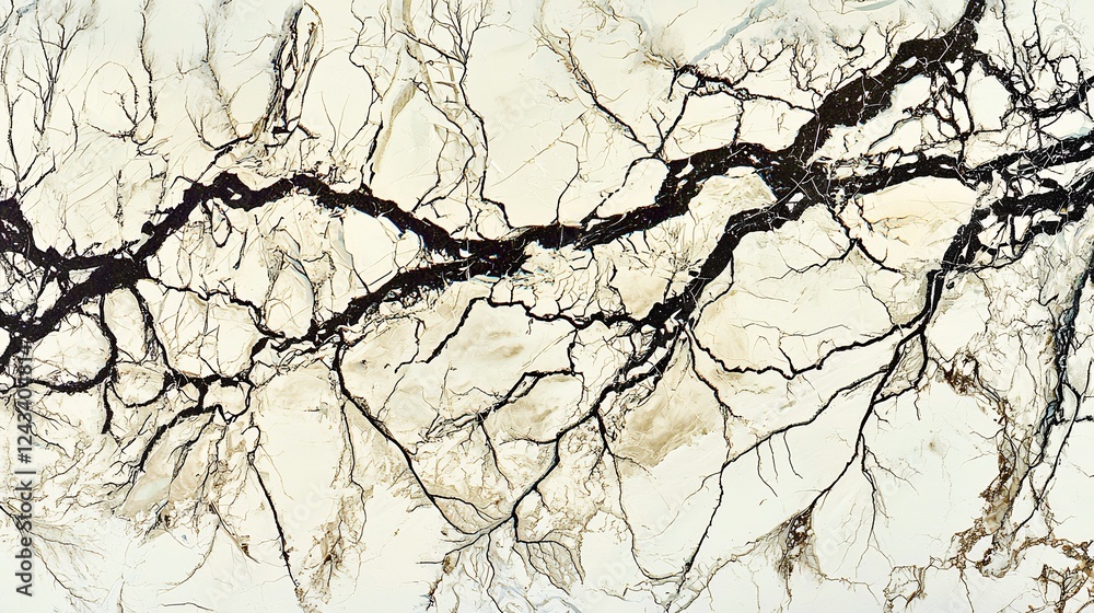 Fototapeta premium Aerial view of river network in arid landscape; background shows cracked earth; useful for environmental or geological contexts