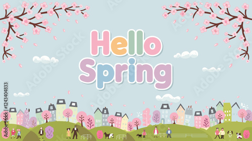 Spring Cityscape and People with Cherry Blossoms