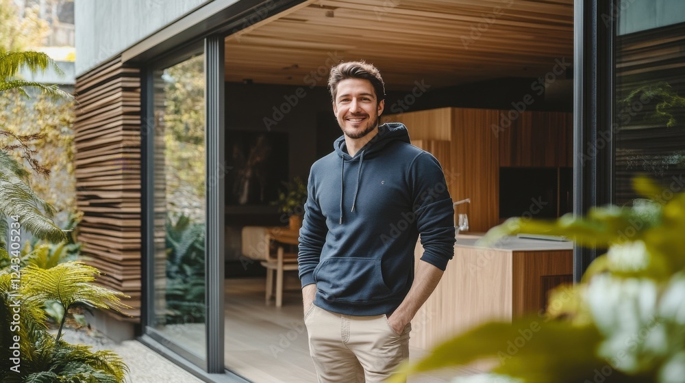 Man in navy hoodie stands in modern home with lush greenery on a sunny day Man in navy hoodie stands in modern home with lush greenery on a sunny day