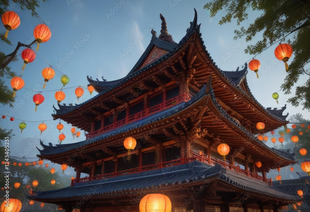 The ancient pagoda's roof is adorned with colorful lanterns and traditional decorations, temple, roof The ancient pagoda's roof is adorned with colorful lanterns and traditional decorations, temple, roof