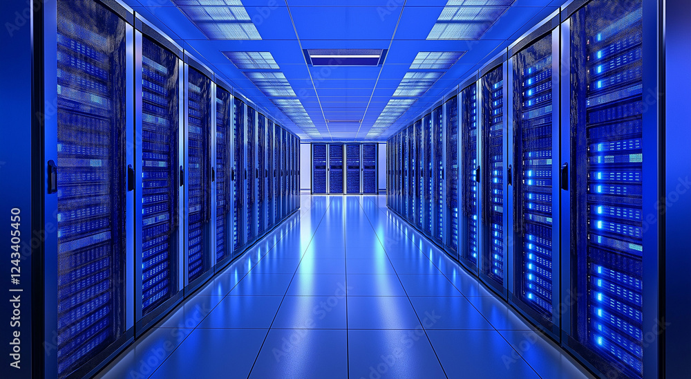 A large server room with rows of supercomputers, each glowing blue in the dimly lit space. A large server room with rows of supercomputers, each glowing blue in the dimly lit space.