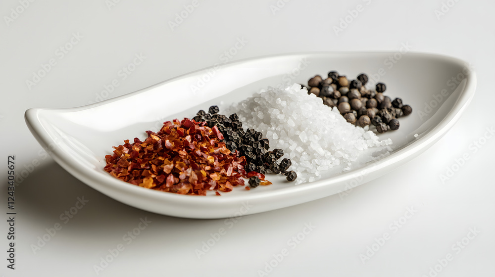 An elegant presentation of red chili flakes, black peppercorns, and salt crystals arranged in a perfect pattern on a white porcelain dish, emphasizing symmetry and balance. An elegant presentation of red chili flakes, black peppercorns, and salt crystals arranged in a perfect pattern on a white porcelain dish, emphasizing symmetry and balance.