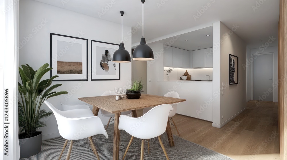 Modern dining room with wooden table, white chairs, and minimalist decor. Modern dining room with wooden table, white chairs, and minimalist decor.