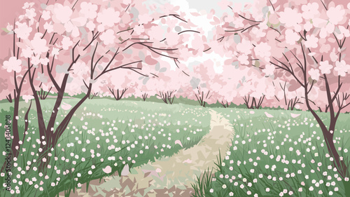 Cherry Blossom Path Through Flower Field