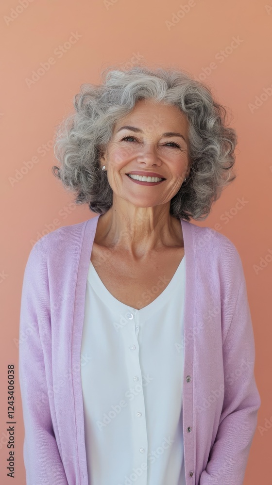 Older woman with gray curls radiating confidence and warmth against a pastel peach background in minimalist style Older woman with gray curls radiating confidence and warmth against a pastel peach background in minimalist style