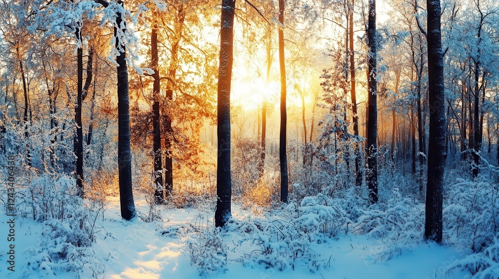 Naklejka premium Winter scene showing a beautiful winter forest with tall trees covered in snow and the sun shining through the branches