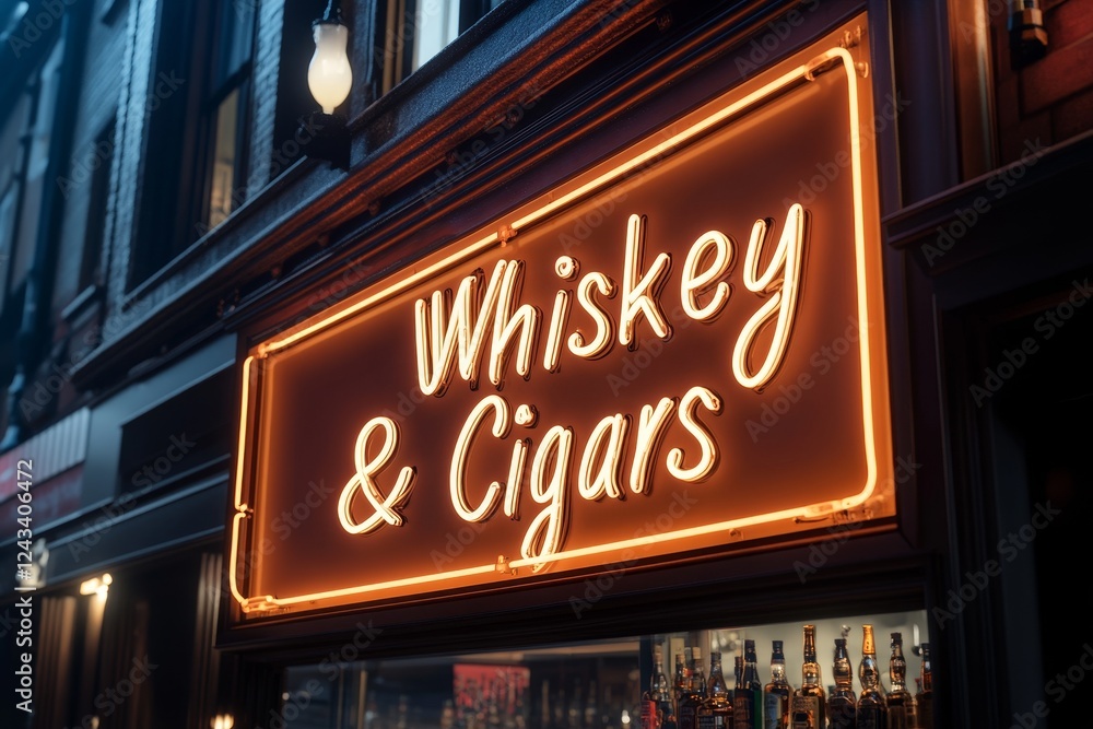 Obraz premium Elegant neon sign glowing invitingly over a whiskey and cigar shop at night in a vibrant urban setting