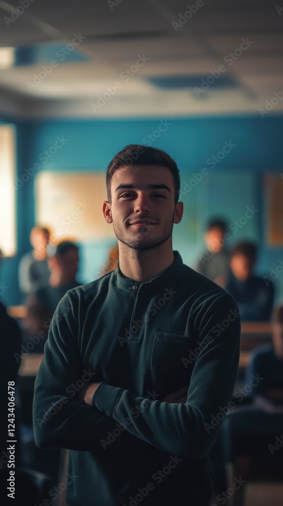 Fototapeta premium Teacher creates positive atmosphere in classroom with engaged students during interactive learning session