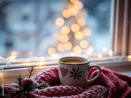 Wallpaper Mural Cup of hot winter drink resting on windowsill with blurred lights in the background, Christmas, hot drink, cup Torontodigital.ca
