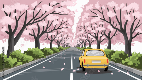 Yellow Car Driving Under Cherry Blossoms