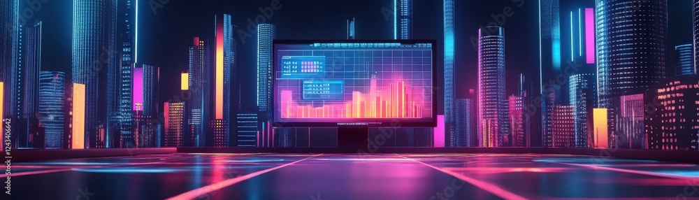 A vibrant digital cityscape featuring a monitor displaying colorful data visualizations amidst illuminated skyscrapers. A vibrant digital cityscape featuring a monitor displaying colorful data visualizations amidst illuminated skyscrapers.