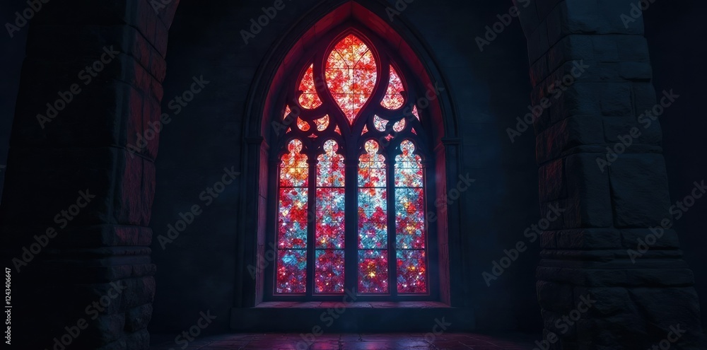 The stained glass window is illuminated by a soft ethereal light at night, mystical, eerie The stained glass window is illuminated by a soft ethereal light at night, mystical, eerie