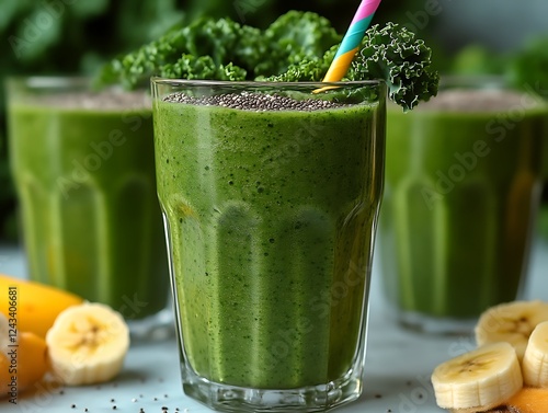 Three glasses of green smoothie with kale, banana, and chia seeds.