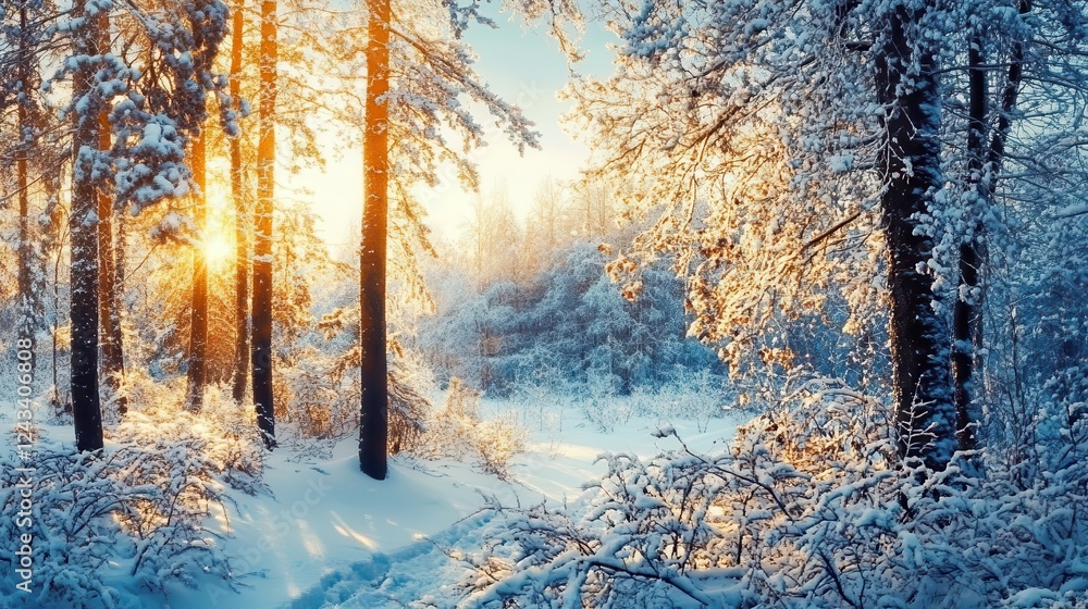 Fototapeta premium Winter scene showing a beautiful winter forest with tall trees covered in snow and the sun shining through the branches