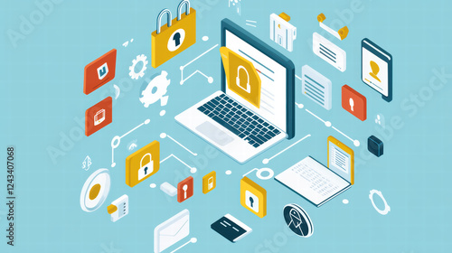 Secure device with digital security icons, including locks and user profiles, representing online safety and data protection