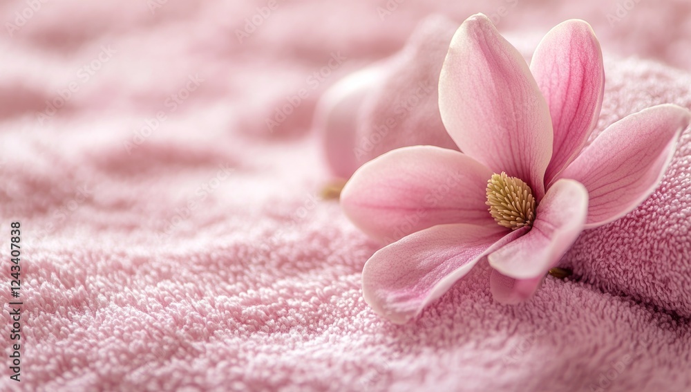 Pink Magnolia Blossom on Soft Towel: A Serene Spa Image Pink Magnolia Blossom on Soft Towel: A Serene Spa Image