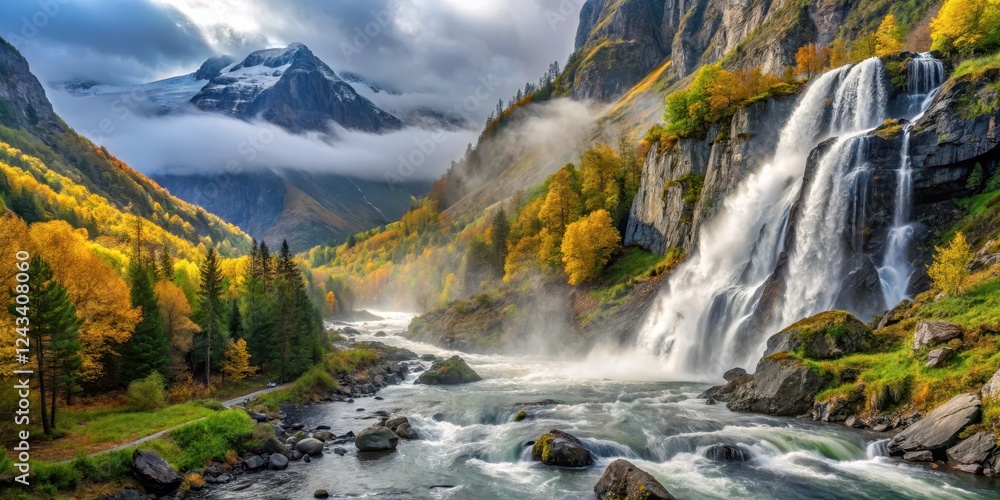 Foliage and mist at Rovijokkfossen waterfall in Skibotndalen, mountains, Norway,  mountains, Norway, landscape, mist