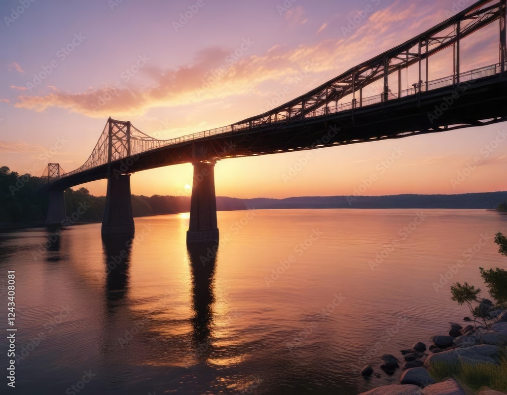 Towering bridge over the Tennessee River as the sun dips below horizon, river, water, sky Towering bridge over the Tennessee River as the sun dips below horizon, river, water, sky
