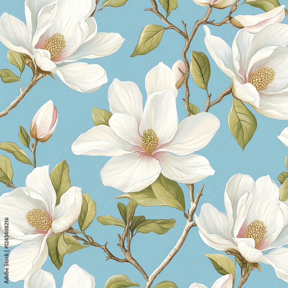 Seamless pattern of white magnolia blossoms and buds on a light blue background. Seamless pattern of white magnolia blossoms and buds on a light blue background.