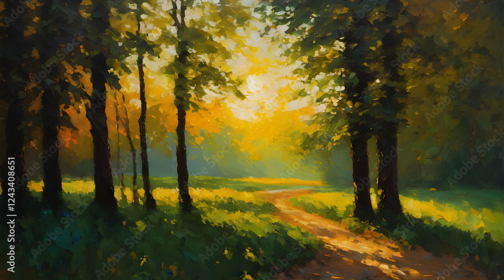 Fototapeta premium The setting sun in a clearing painting