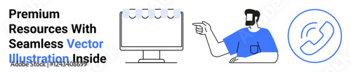 Desktop monitor, man pointing, and phone icon join to convey tech-based communication, premium resources. Ideal for teamwork, collaboration, remote work, digital tools, online learning consultation