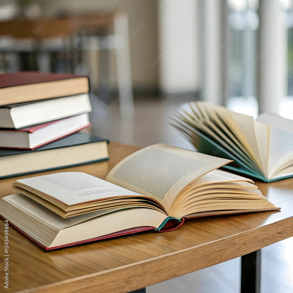 The books and study material are neatly organized on the table, ready for reading and learning. The books and study material are neatly organized on the table, ready for reading and learning.