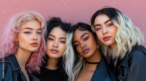 Four women of diverse backgrounds stand close together, each flaunting unique hairstyles and vibrant makeup. Their confident expressions are beautifully contrasted by a soft pink wall behind them