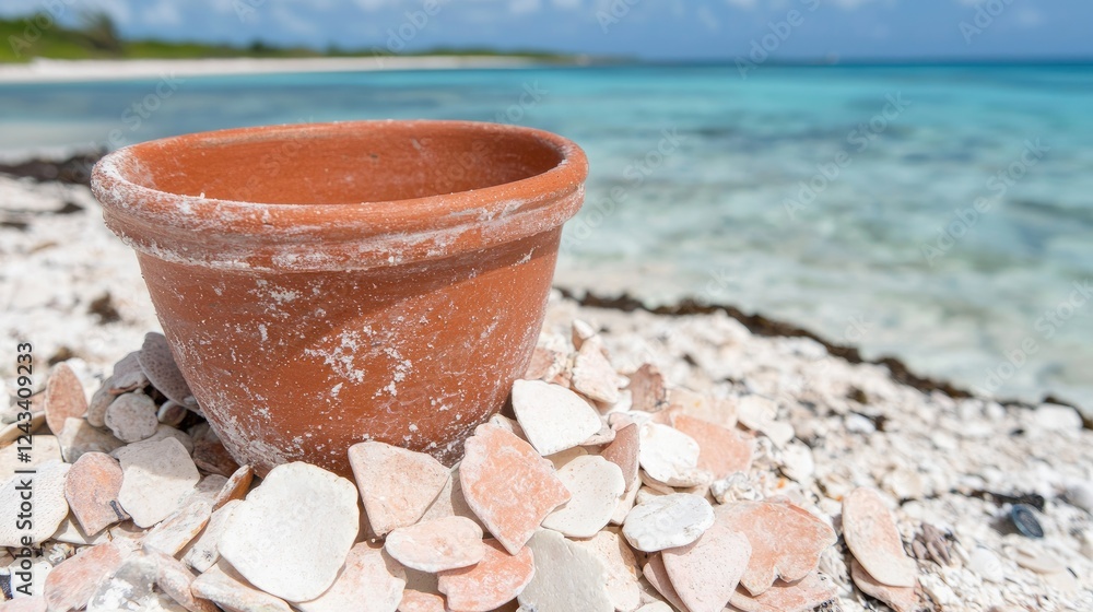 Terracotta pot on seashells, beach, ocean background; travel, decor Terracotta pot on seashells, beach, ocean background; travel, decor