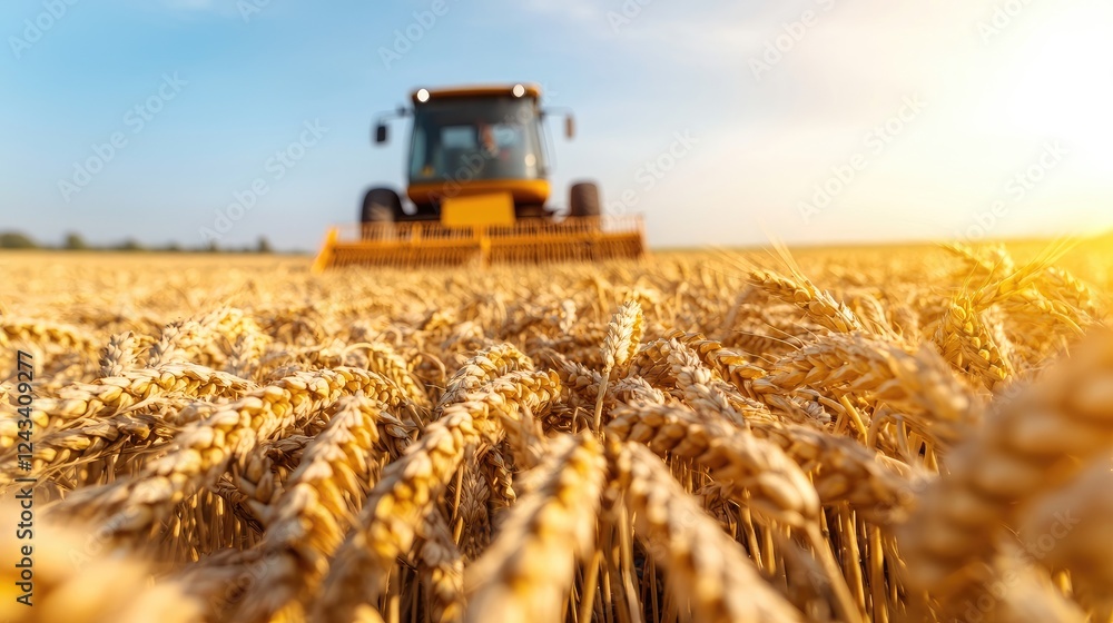 Fototapeta premium Wheat harvest Combine harvester in golden field at sunset