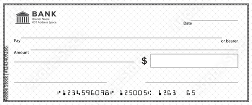 Empty money cheque. Bank check. check book template with pattern and blank fields. Currency payment coupon, US dollar check background.