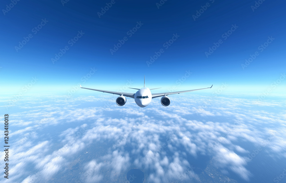 Obraz premium A white airplane flying in the sky, with clear blue skies and clouds below.