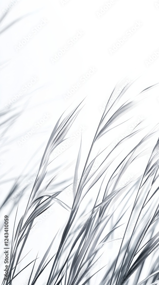 Sleek blades of metallic silver grass shimmer against a bright white backdrop, creating a futuristic aesthetic