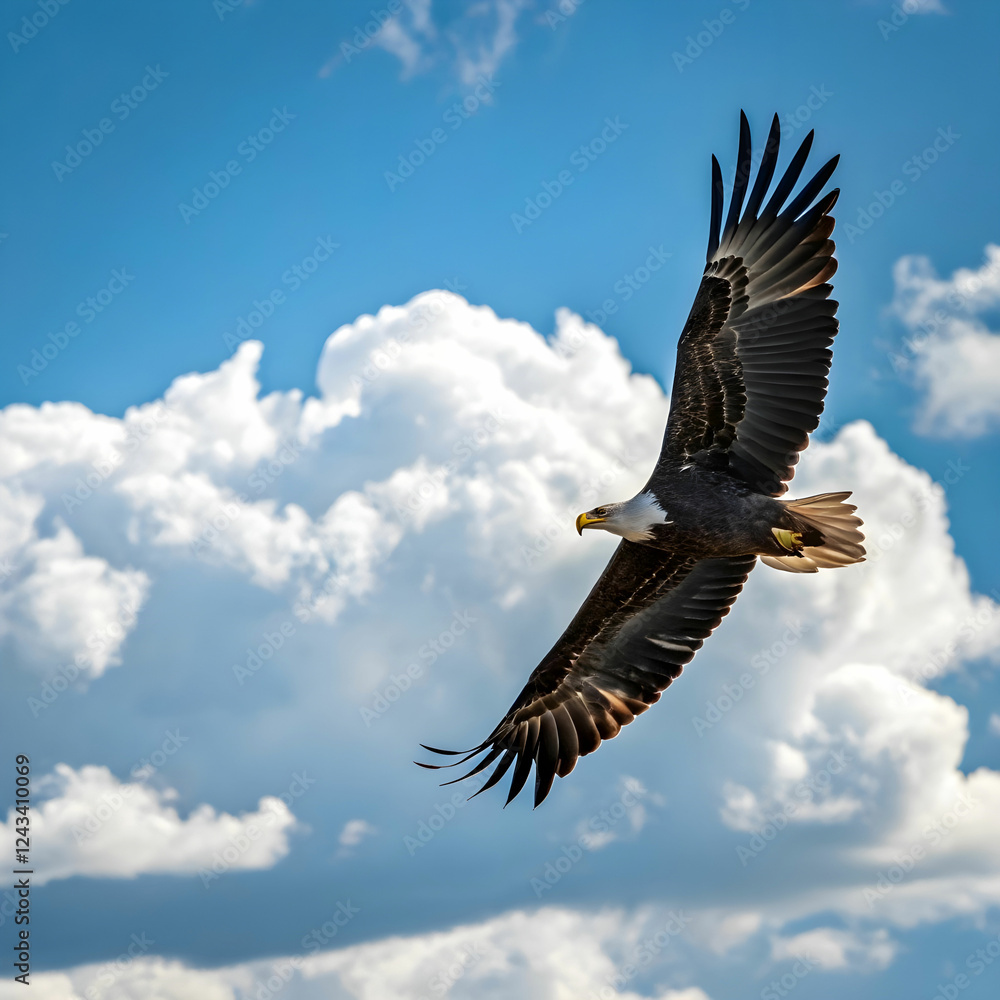 Naklejka premium The eagles are soaring in the sky, displaying their majestic wings as they glide effortlessly above the landscape.