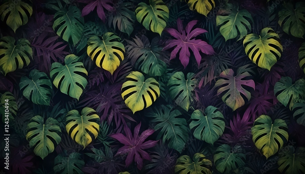 Fototapeta premium Hojas tropicales vibrantes en tonos de verde, amarillo y morado sobre un fondo oscuro, creando un patrón exuberante, exótico y visualmente llamativo