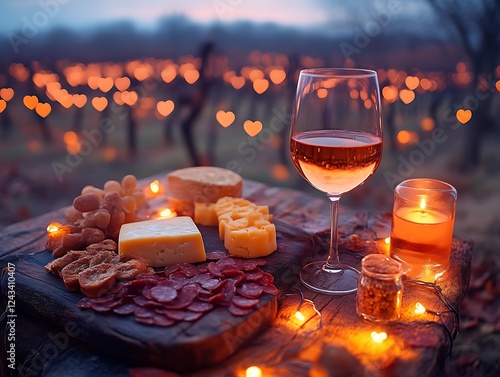 Romantic vineyard sunset picnic with wine, cheese, and candlelight.